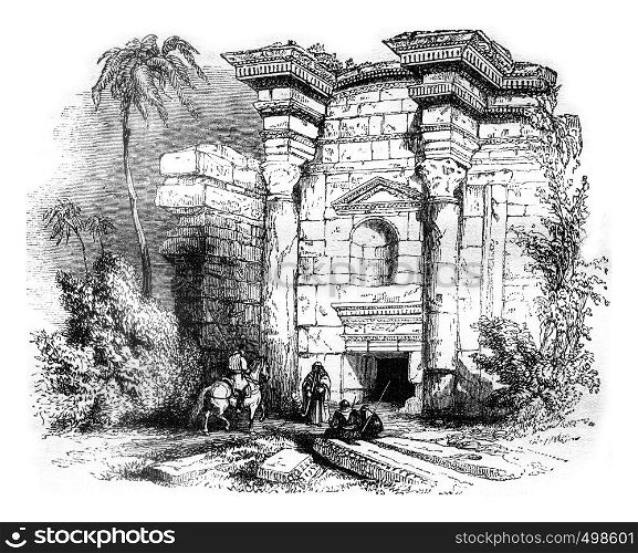 Ruins of a mausoleum, in Philadelphia, in Palestine, vintage engraved illustration. Magasin Pittoresque 1841.