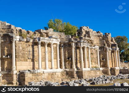 Ruins of agora, ancient city in Side in a beautiful summer day, Antalya, Turkey