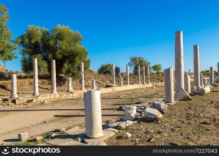 Ruins of agora, ancient city in Side in a beautiful summer day, Antalya, Turkey