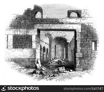 Ruins of an ancient Christian church in the neighboring desert of Fezzan, vintage engraved illustration. Magasin Pittoresque 1858.
