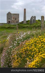 Ruins of an old copper mine engine house on the Copper Coast on the Wild Atlantic Way near Tankardstown on the west coast of the Republic of Ireland.