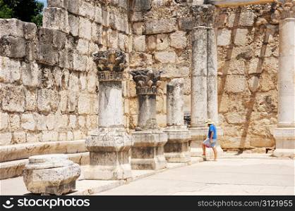 Ruins of ancient Roman temple in the town of Capernaum (Galilee, Israel)
