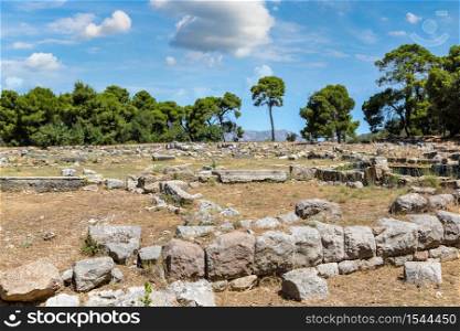 Ruins of ancient temple in Epidavros, Greece in a summer day
