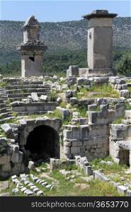 Ruins of ancient theater and sarcophaguses in Xanthos, Turkey,