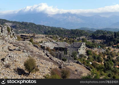 Ruins of ancient theater and village in Selge, Turkey
