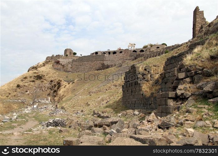 Ruins of ancient theater on the slope of acropolis in Pergam, Turkey