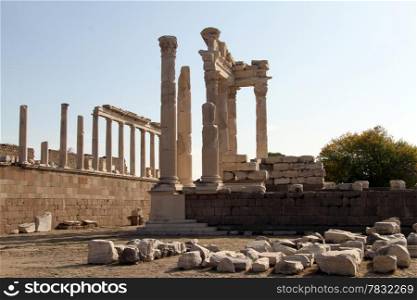 Ruins of ancient Trajan temple in Acropolis of Pergam, Turkey