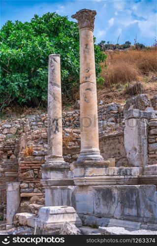 Ruins of antique Ephesus city on a sunny summer day. Ruins of antique Ephesus in Turkey