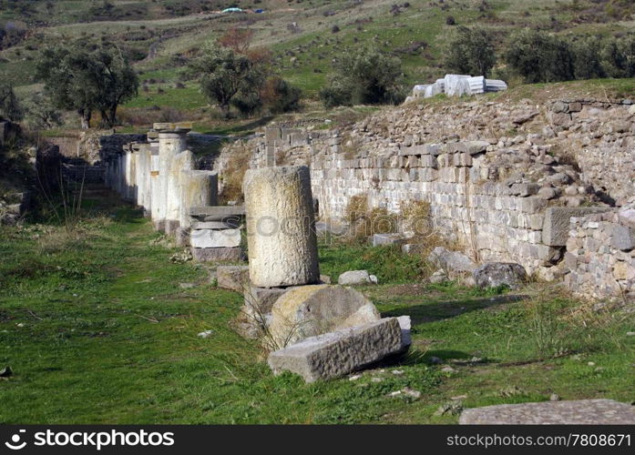Ruins of Asklepion and grass in Bergama, Turkey