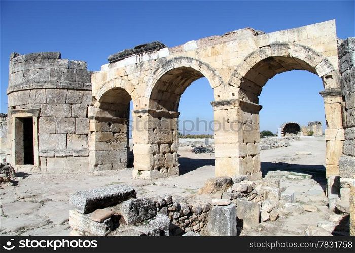 Ruins of big gate in Hyerapolis in Turkey
