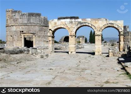 Ruins of big gate in Hyerapolis near Pamukkale, Turkey