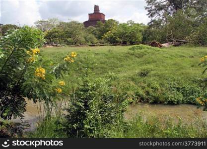 Ruins of brick dagoba in Anuradhapura and river