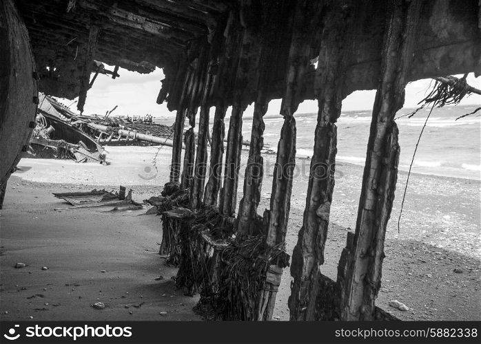 Ruins of British clipper Ambassador on the beach, Estancia San Gregorio, Patagonia, Chile