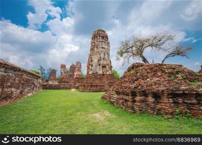 Ruins of buddha statues and pagoda of Wat Mahathat temple in Ayutthaya historical park, Thailand