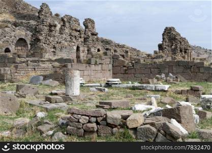 Ruins of columns in Acropolis in Bergama, Turkey
