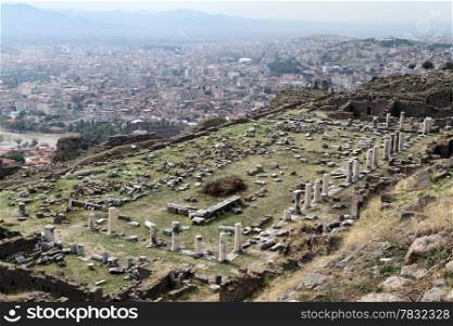 Ruins of columns in agora on the Acropolis in Bergama, Turkey