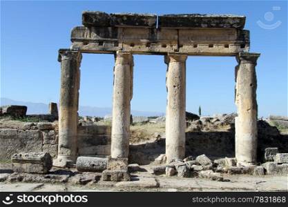 Ruins of columns of ancient temple in Hyerapolis, Turkey