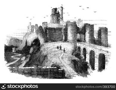 Ruins of Corfe Castle, Earl of Dorset, vintage engraved illustration. Colorful History of England, 1837.