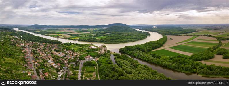 Ruins of Devin castle near city Bratislava, Slovakia. Panoramic aerial view of old fort on Danube and Morava rivers. . Panoramic aerial view of old fort on Danube river. Devin
