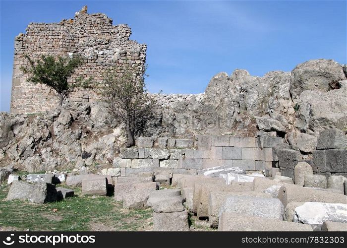 Ruins of fortress in Acropolis of Pergam, Turkey