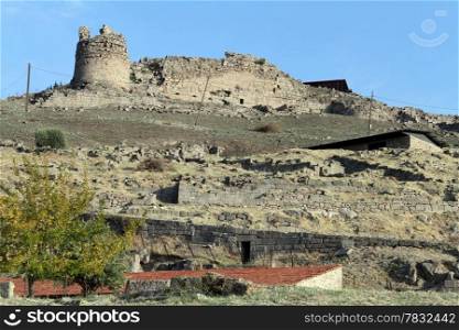 Ruins of fortress on the hill in Acropolis of Pergam, Bergama in Turkey