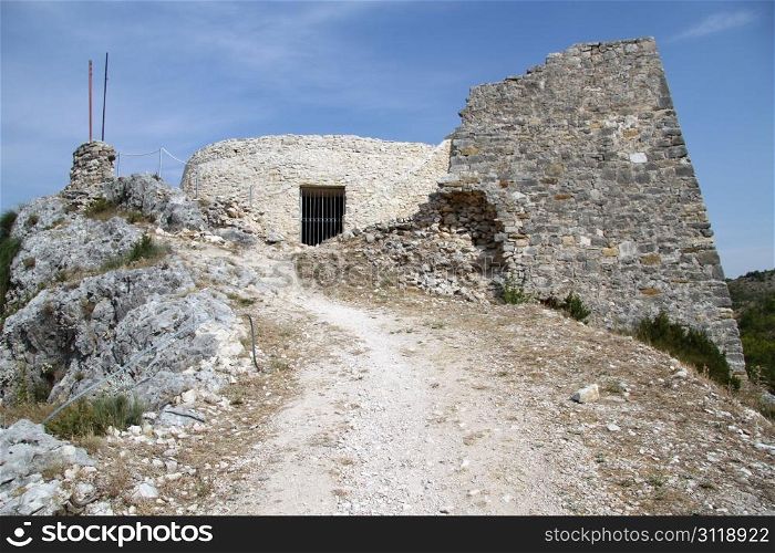 Ruins of fortress on the top of hill in Skradin, Croatia