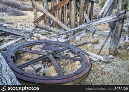 ruins of gold mine near Mosquito Pass in Rocky Mountains, Colorado - parts of aerial tramway used to transport gold ore