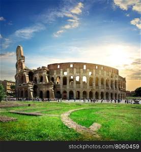 Ruins of great colosseum at the sunset