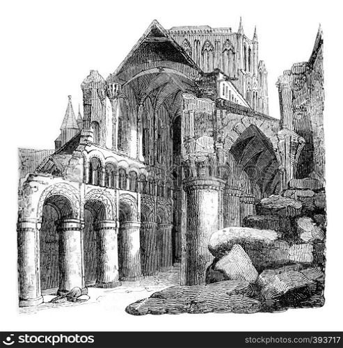 Ruins of Hereford Cathedral, built under John Lackland, vintage engraved illustration. Colorful History of England, 1837.