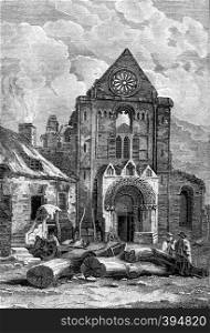Ruins of Jedburgh Abbey in Scotland, vintage engraved illustration. Colorful History of England, 1837.