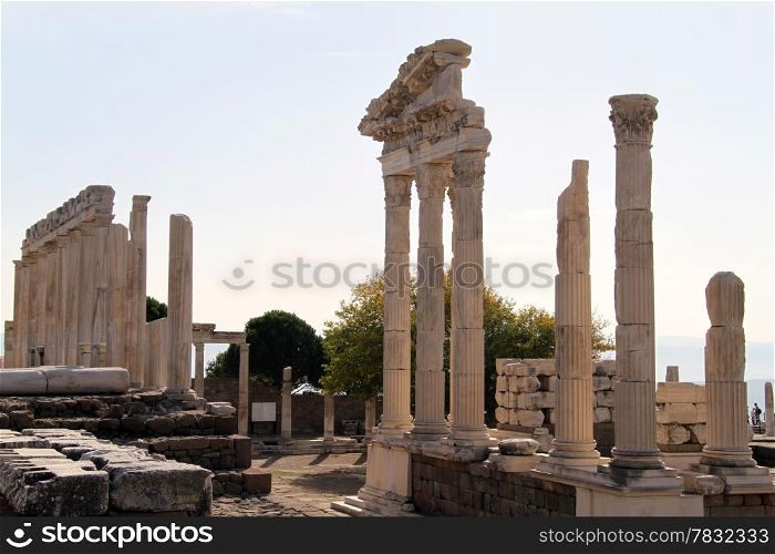 Ruins of marble Trajan temple in acropolis of Pergam, Turkey
