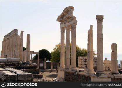 Ruins of marble Trajan temple in acropolis of Pergam, Turkey