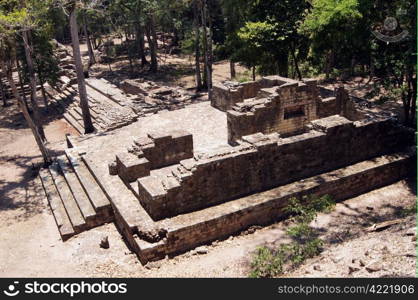 Ruins of mayan palace in the forest in Copan, Honduras