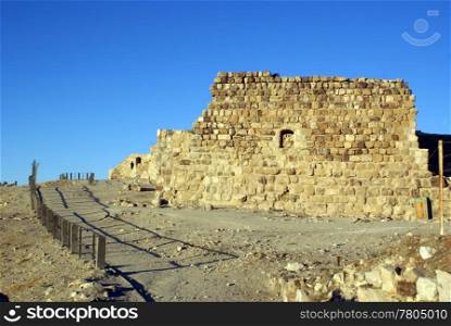 Ruins of old stone castle on the top of hill in Karak, Jordan
