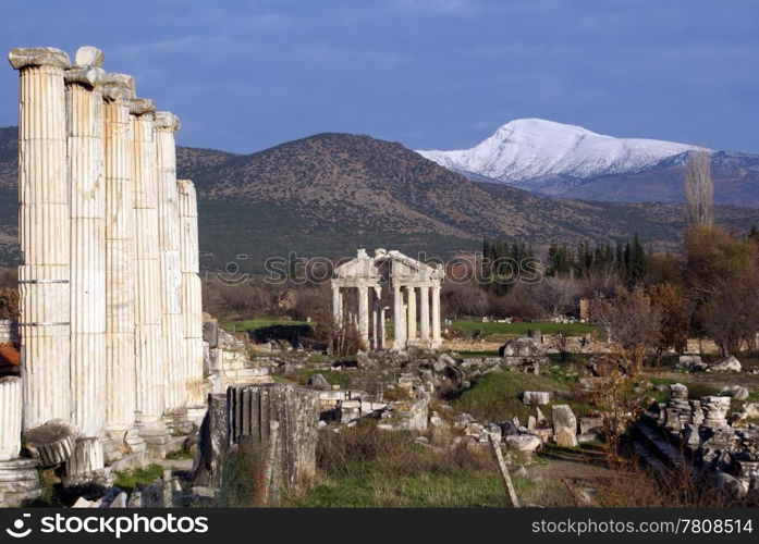 Ruins of old temple in Aphrodisias and mountain