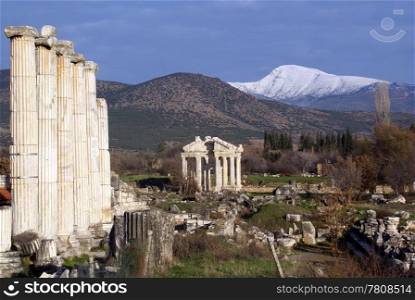 Ruins of old temple in Aphrodisias and mountain