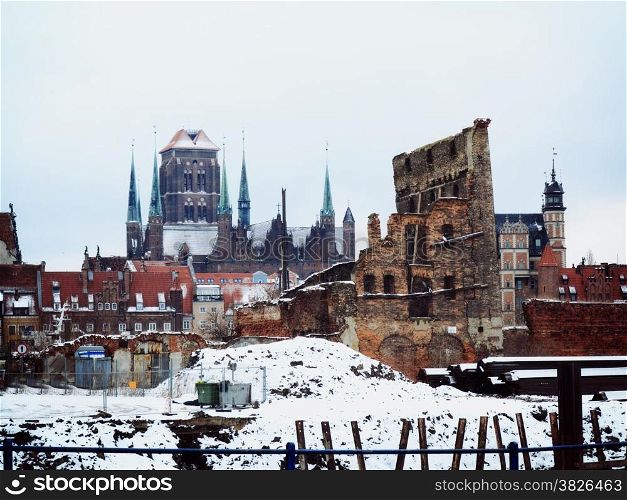 Ruins of old town in Gdansk at frosty winter, Poland