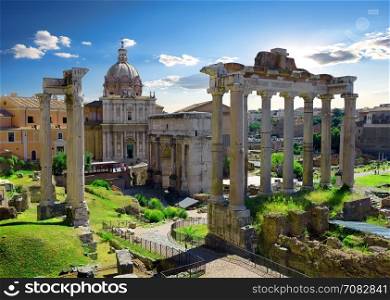 Ruins of Roman Forum at sunny summer day, Italy