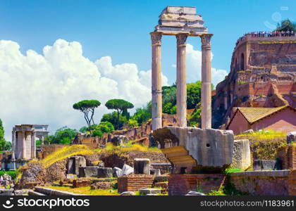 Ruins of Roman Forum in summer, Italy. Old ruins Italy