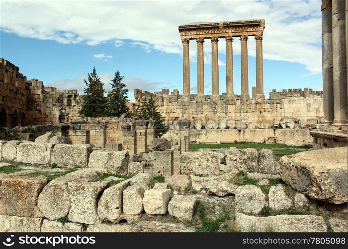 Ruins of roman temple and columns in Baalbeck, Lebanon