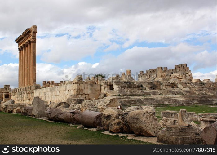 Ruins of roman temple and columns in Baalbeck, Lebanon