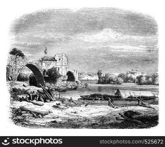 Ruins of Saint Benezet bridge, in Avignon, vintage engraved illustration. Magasin Pittoresque 1846.