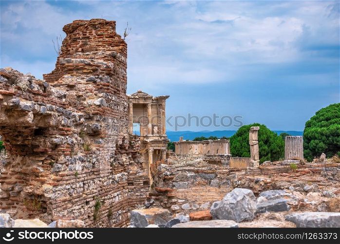 Ruins of Scholastica Bath in antique Ephesus city on a sunny summer day. Scholastica Bath in Ephesus, Turkey