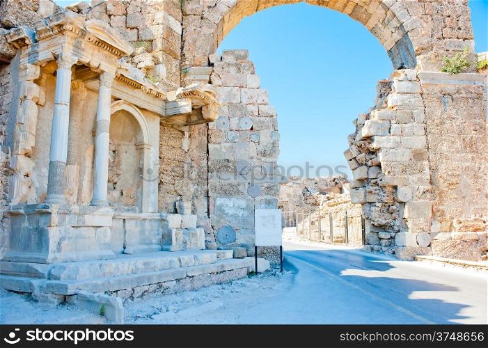 Ruins of Side in Turkey, arch of white stone