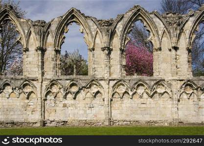 Ruins of St Marys Abbey in the city of York in northeast England in the United Kingdom.