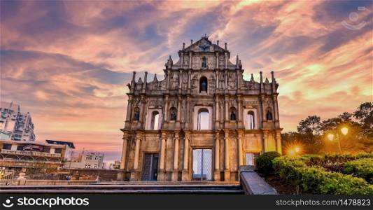 Ruins of St. Paul&rsquo;s, Cathedral ancient antique architecture in Macau landmark, Beautiful historic building of Macau, UNESCO World Heritage Site, Macau, China, Asian, Asia.