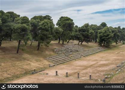 Ruins of stadium and buildings at the Sanctuary of Asklepios at Epidaurus. Stadium ruins at Sanctuary of Asklepios at Epidaurus Greece
