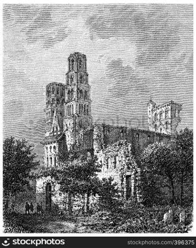 Ruins of the Abbey of jumieges, vintage engraved illustration.