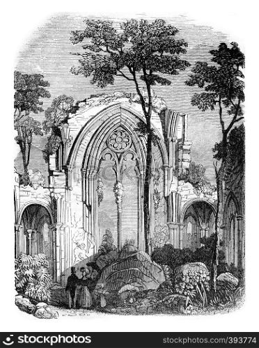 Ruins of the abbey of Netley, near Southampton, it was destroyed under Henry VIII, vintage engraved illustration. Colorful History of England, 1837.