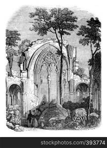 Ruins of the abbey of Netley, near Southampton, it was destroyed under Henry VIII, vintage engraved illustration. Colorful History of England, 1837.